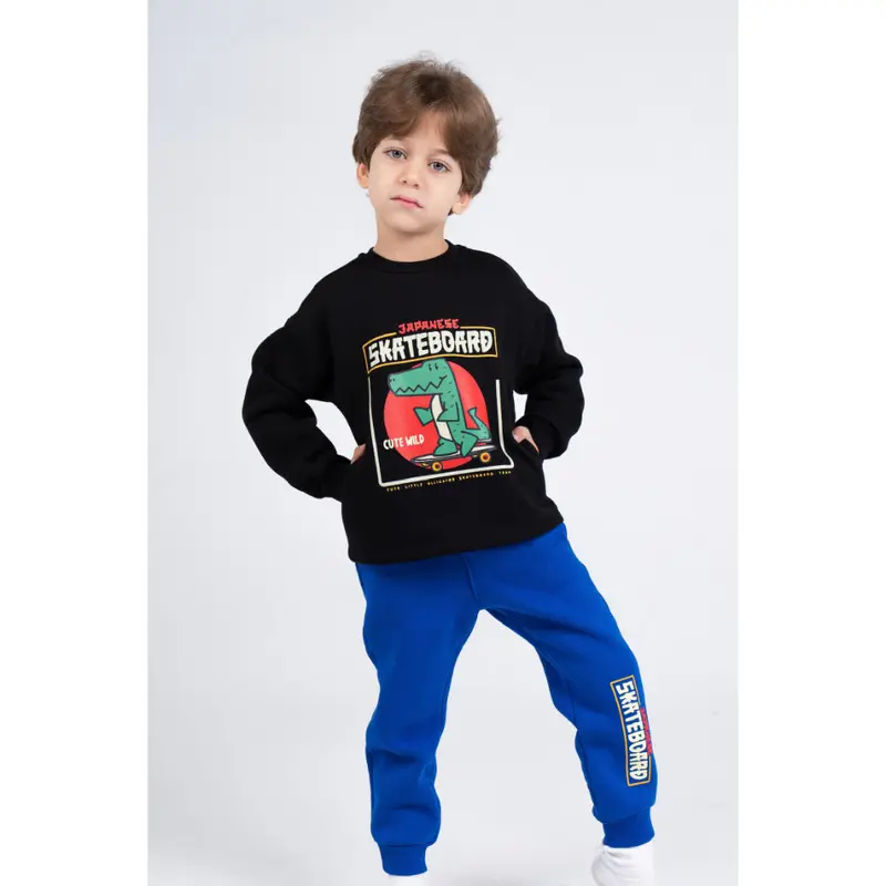 Boys Cotton Pajama Set  Black/Blue with Dino on a Skateboard Print