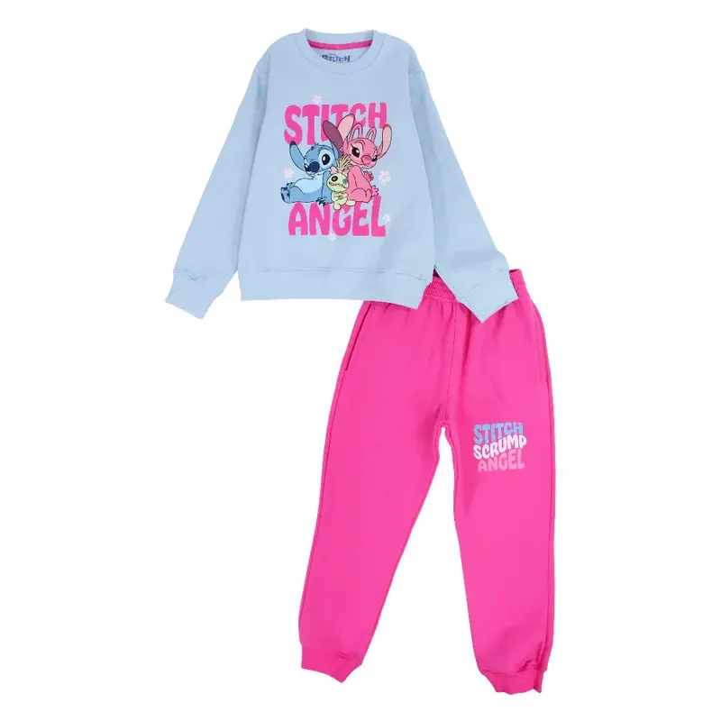 Girls Cotton Pajama Set  Baby Blue & Fuchsia with Stitch Print