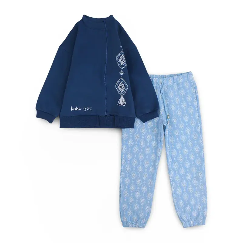 Girls Cotton Pajama Set  Dark Blue with Boho Girl Design