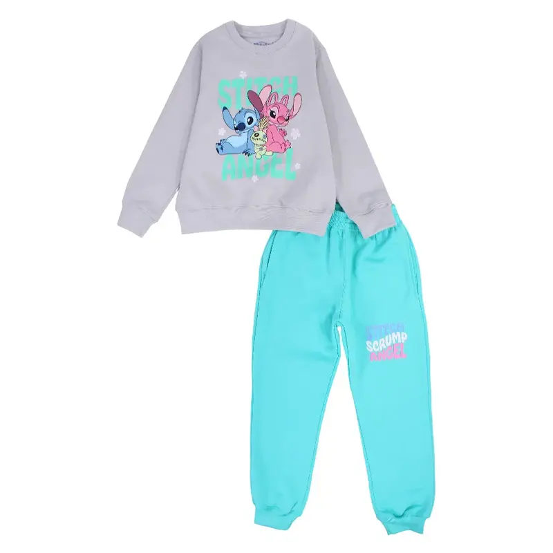 Girls Cotton Pajama Set  Grey & Aqua with Stitch Print