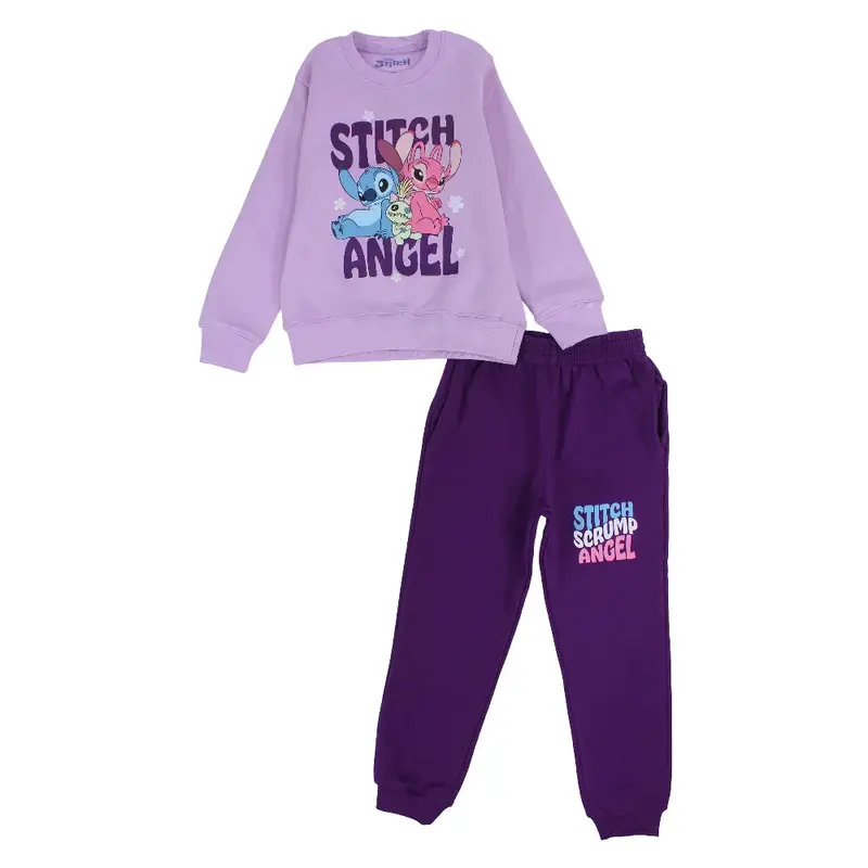 Girls Cotton Pajama Set  Purple with Stitch Print