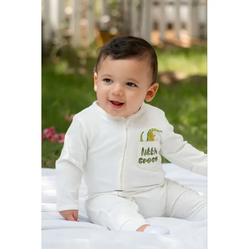 Baby Boys Cotton Footless Onesie  White with "Little Croco" Design