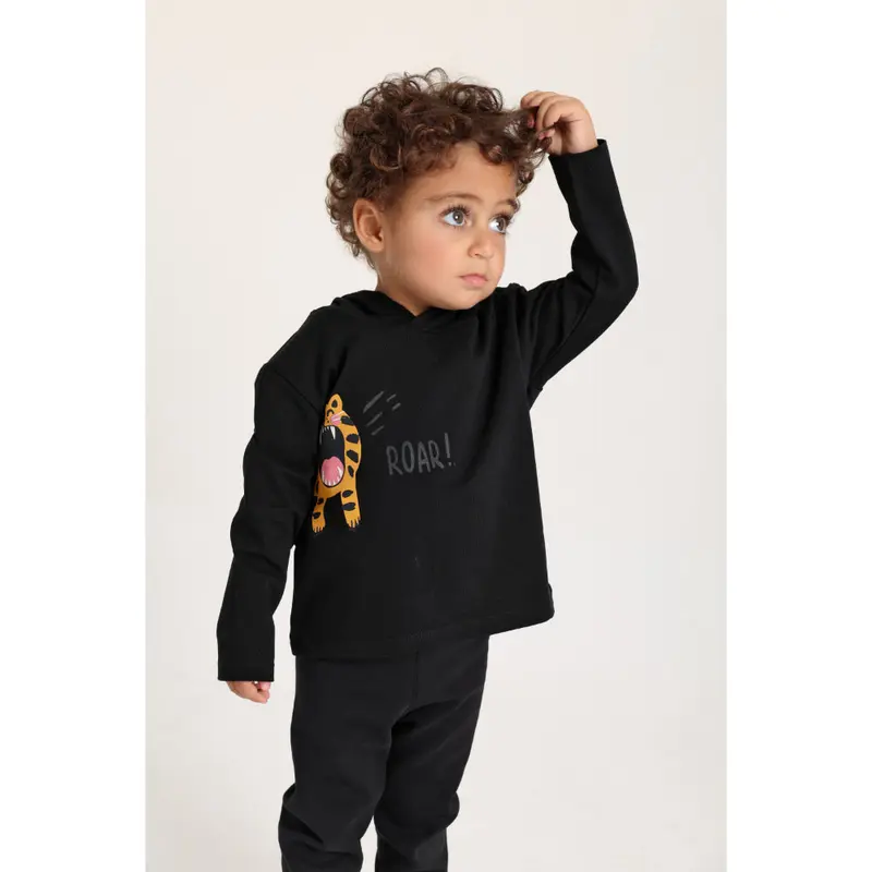 Baby Boys Cotton Hooded T-Shirt  Black with Little Tiger Print