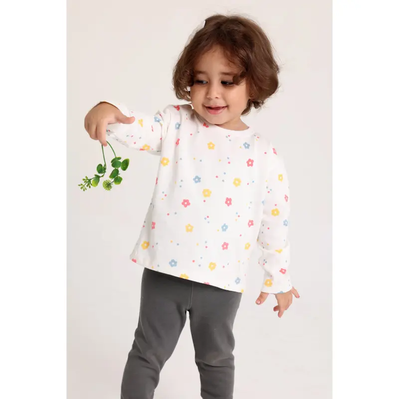 Baby Girls Cotton T-Shirt  Off-White with Flowers Print