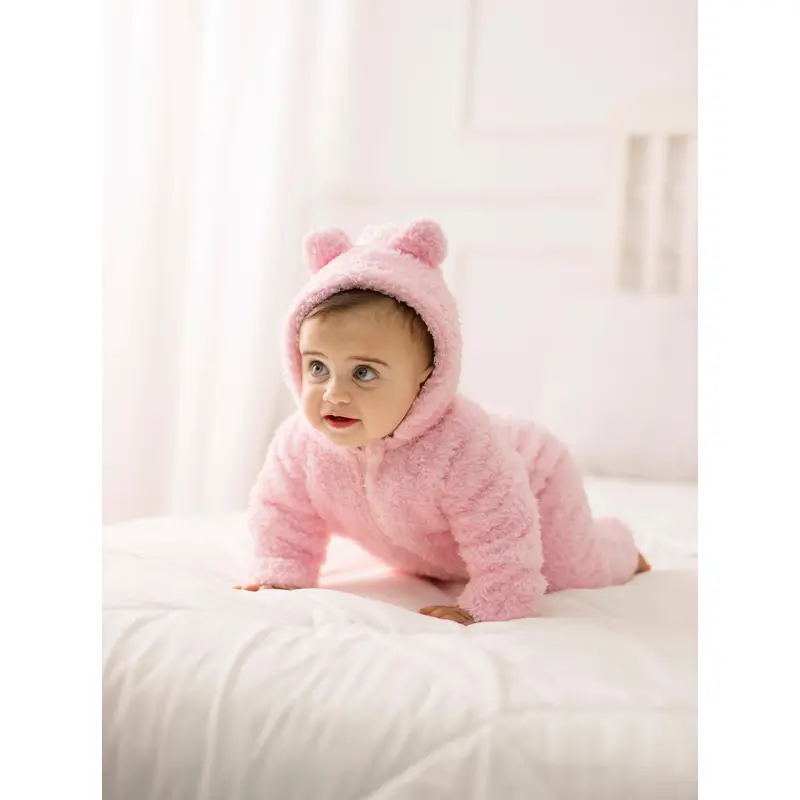 Baby Girls Fleeced Hooded Footless Onesie  Pink