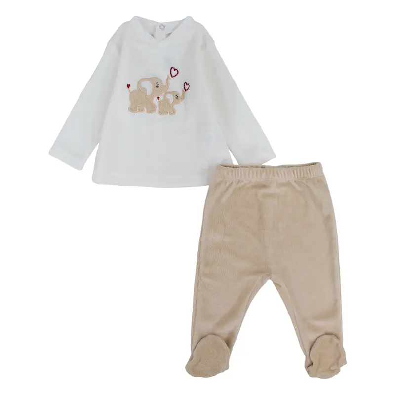 Baby Girls Velvet 2-Peice Outfit Set  Off-White/Beige with Lovely Elephants Design