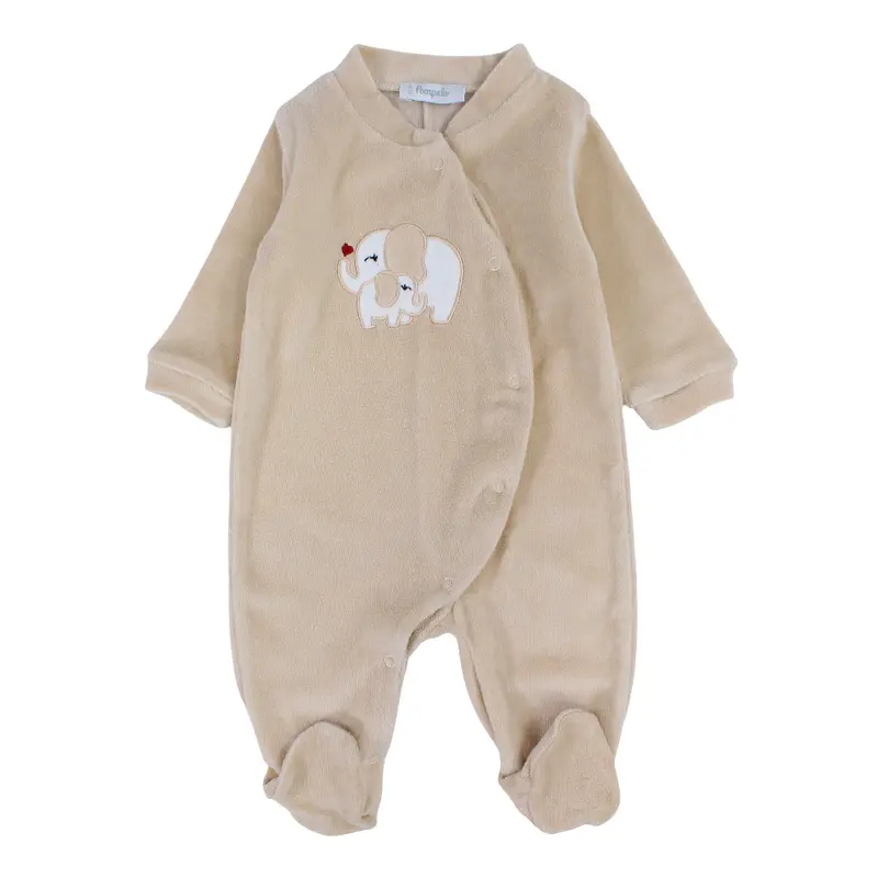 Baby Girls Velvet Baby Footie  Beige with Lovely Elephants Design