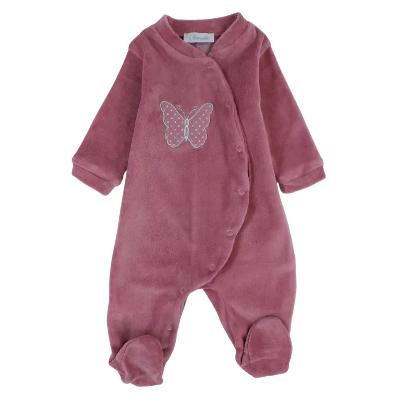 Baby Girls Velvet Baby Footie  Dusty Pink with a Butterfly Design