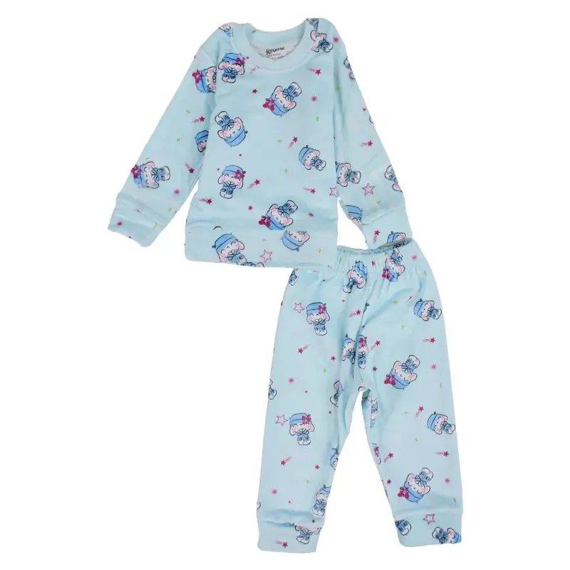 Baby Girls Velvet Thermal Set - Aqua with Cute Bunny Print