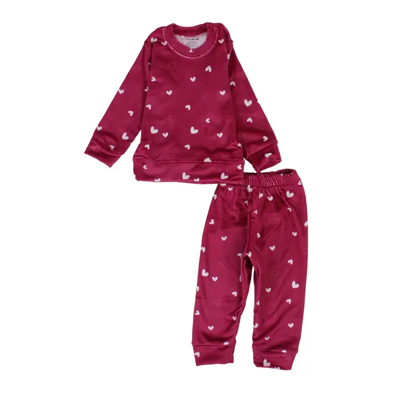 Baby Girls Velvet Thermal Set - Maroon with Hearts Print