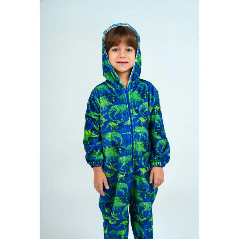 Boys Fleeced Hooded Footless Onesie  Blue Dinosaurs
