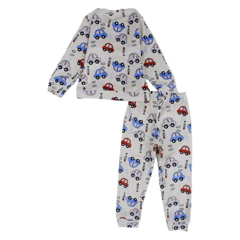 Boys Velvet Thermal Set - Beige with Cars Print