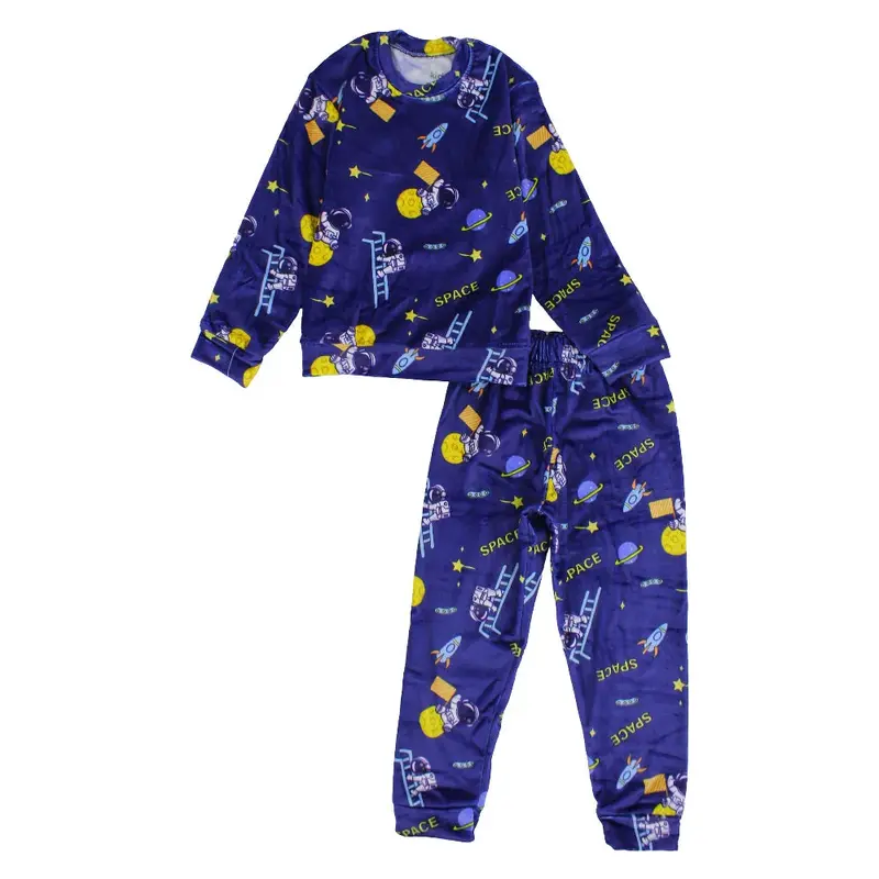 Boys Velvet Thermal Set - Dark Blue with Astronaut Print