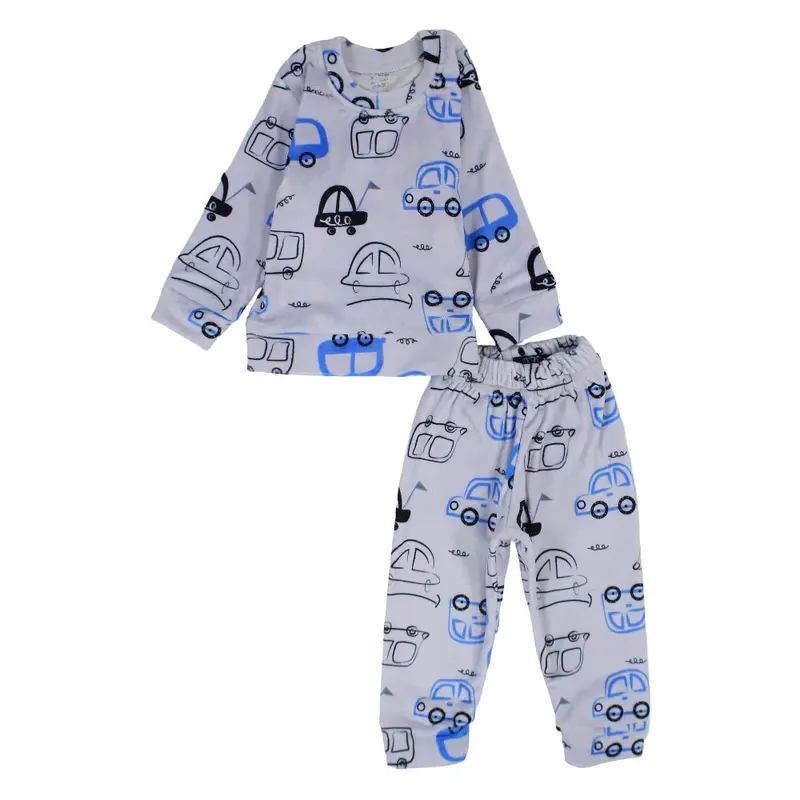 Boys Velvet Thermal Set  Grey with Cars Print