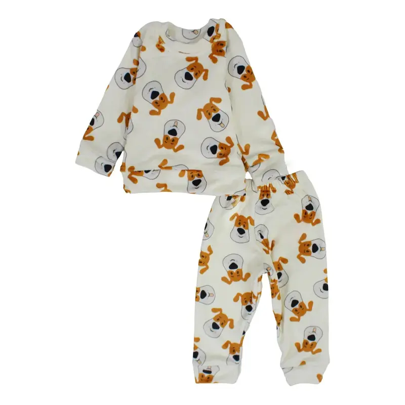 Boys Velvet Thermal Set  Off-White with Dog Print