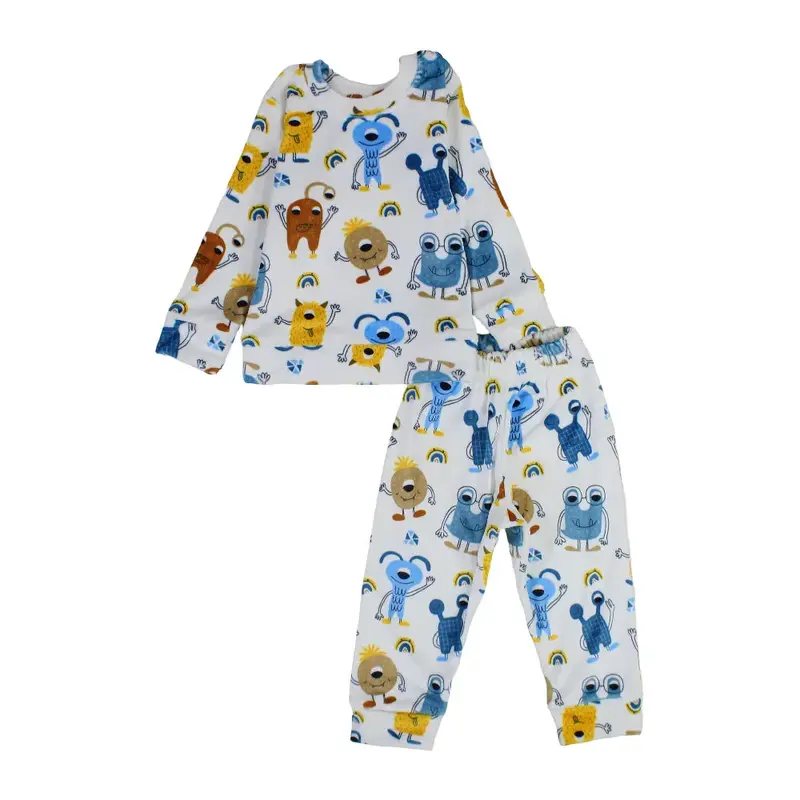 Boys Velvet Thermal Set  White with Monsters Print