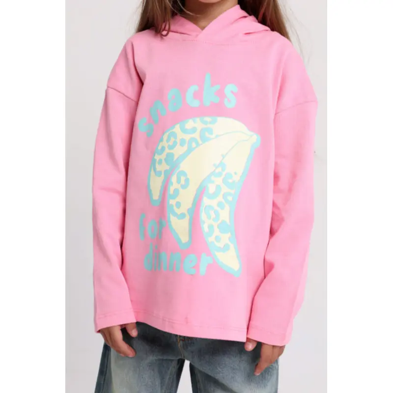 Girls Cotton Hoodie  Pink with "Snacks for Dinner" Bananas Print