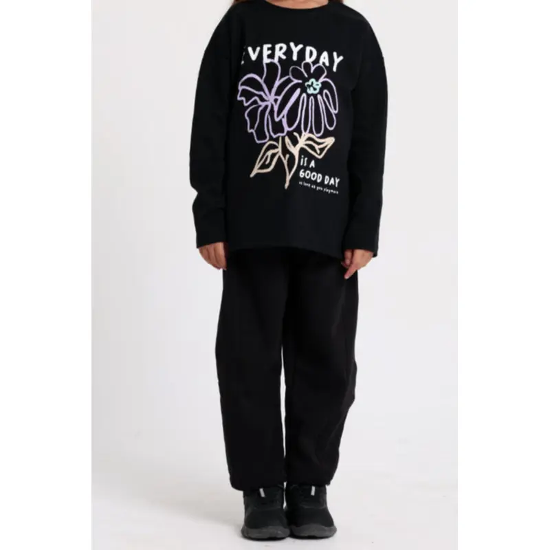 Girls Cotton T-shirt Black with "Everyday is a Good Day" Flower Print