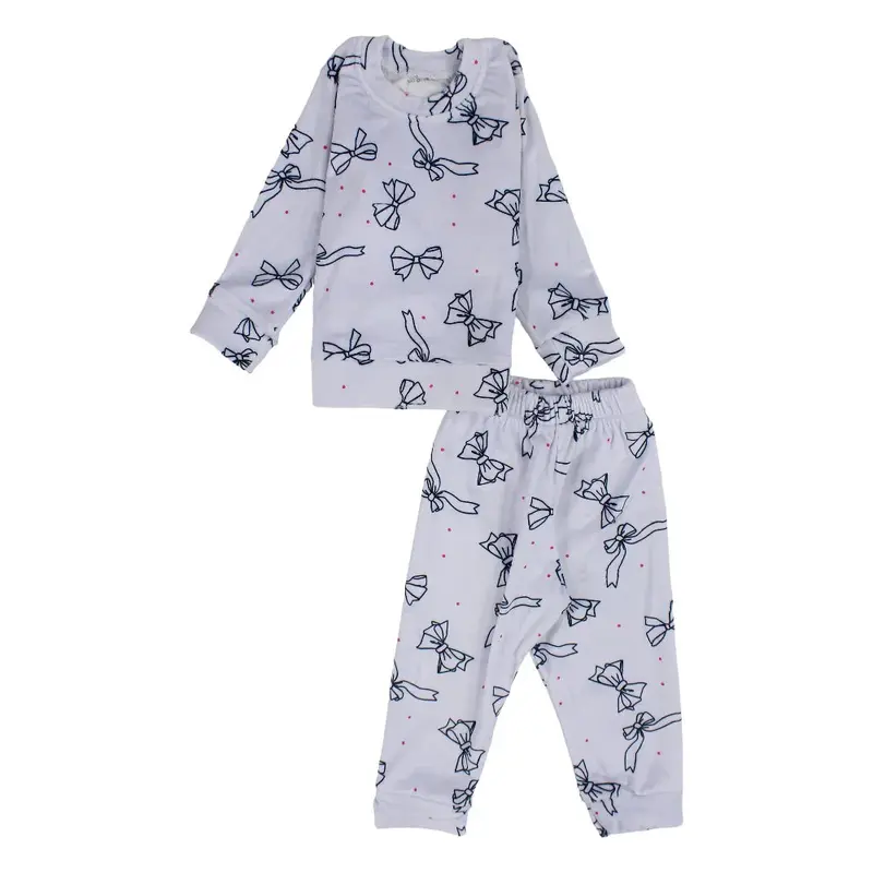 Girls Velvet Thermal Set - Grey with Bows Print