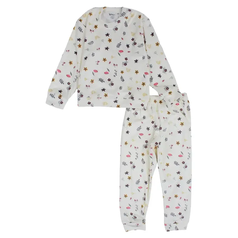Girls Velvet Thermal Set  Off-White with Flowers Print