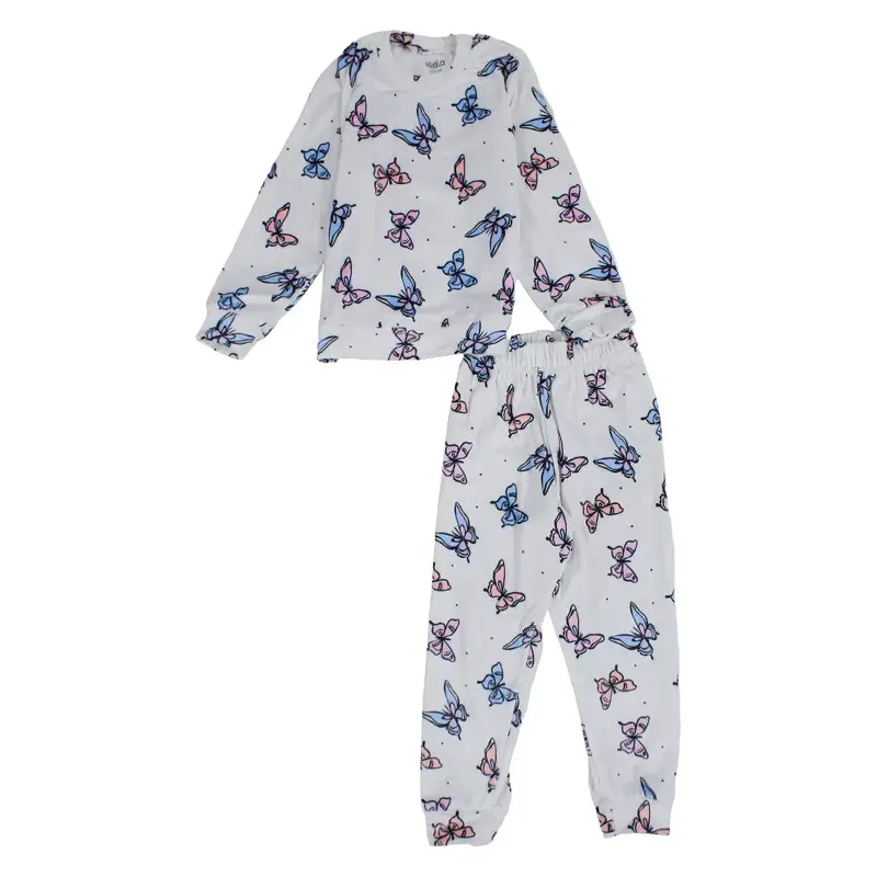 Girls Velvet Thermal Set - White with Butterfly Print