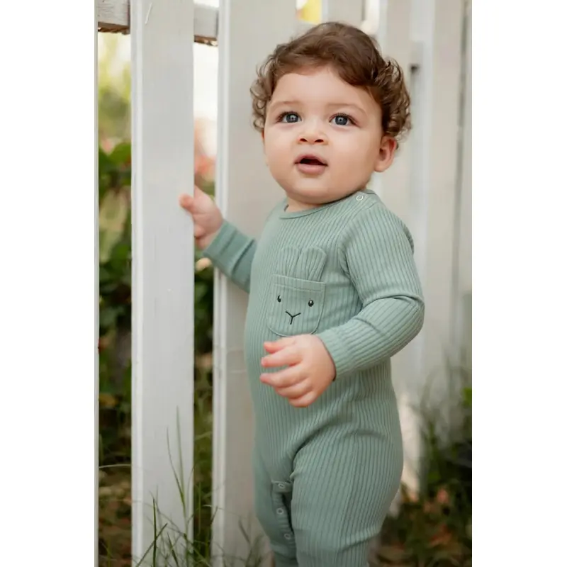 Unisex Baby Cotton Footless Onesie  Mint with Rabbit Design