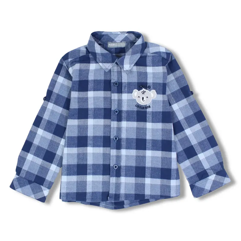 Baby Boys Cotton Shirt  Checkered Blue with a Koala Head Design