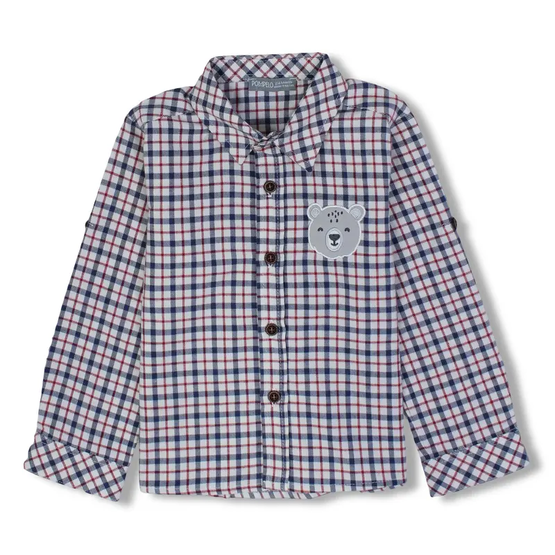 Baby Boys Cotton Shirt  Checkered Navy with a Bear Head Design