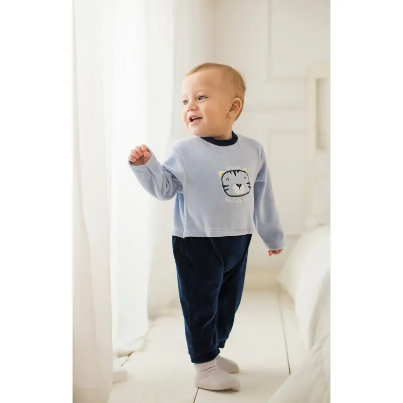 Baby Boys Footless Onesie  Baby Blue/Navy with a Lion Face Design