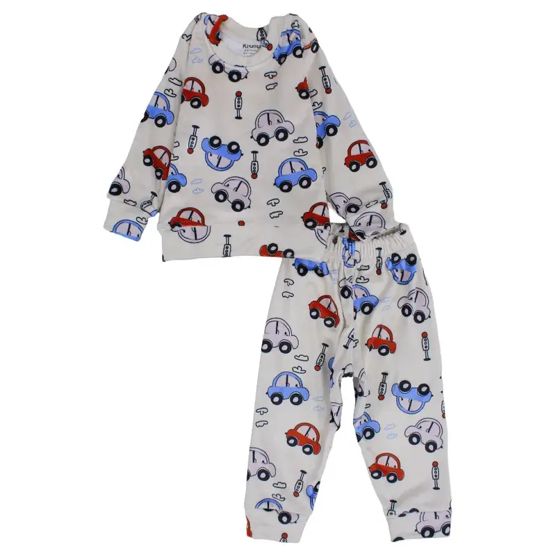 Baby Boys Velvet Thermal Set - Beige with Cars Print