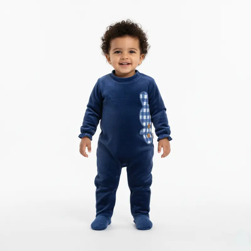 Baby Girls Velvet Baby Footie  Checkered Bunny Design