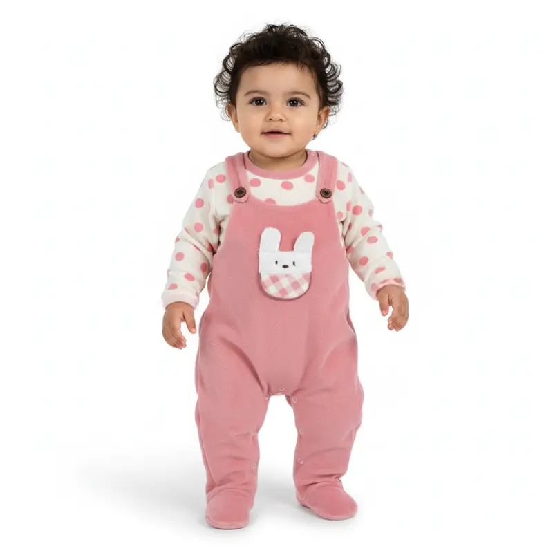 Baby Girls Velvet Baby Footie  Polka Dots & Bunny Face Design