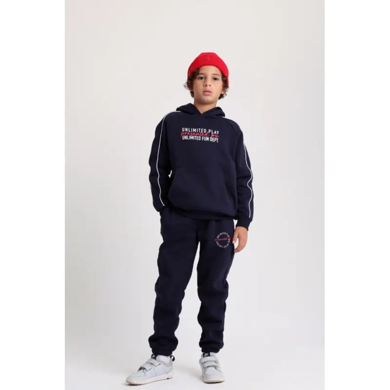 Boys Cotton Hoodie  Navy with "Unlimited Play Presented By Unlimited Fun Dept" Print