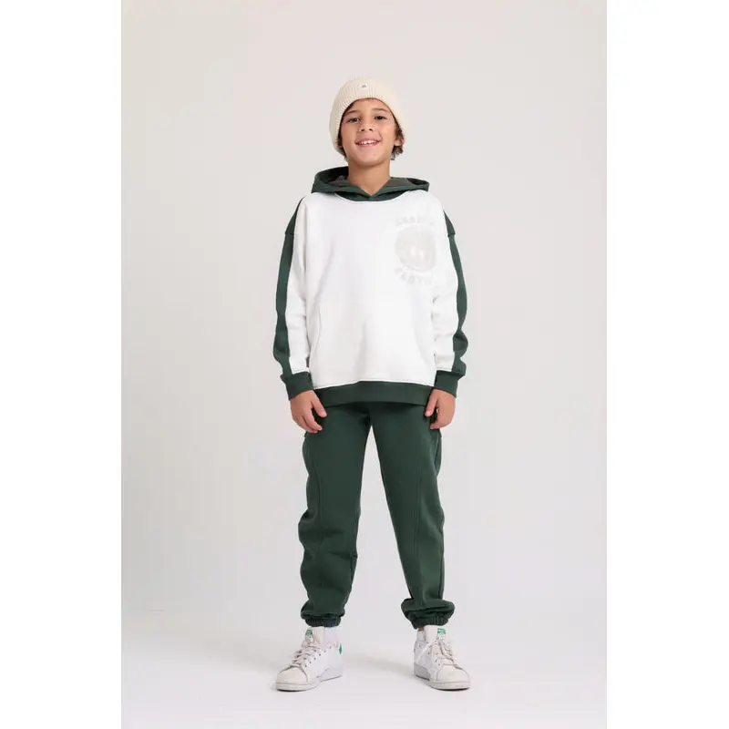 Boys Cotton Hoodie  Off-Wihte & Olive with "Keep on Playing" Print