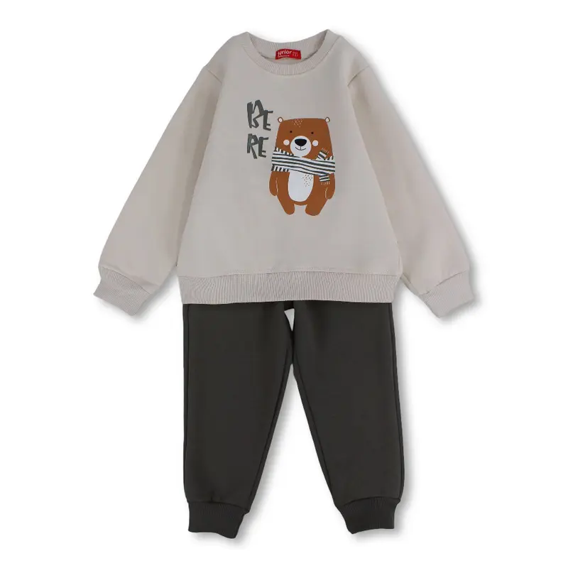 Boys Cotton Pajama Set   Beige/Grey with Bear Print