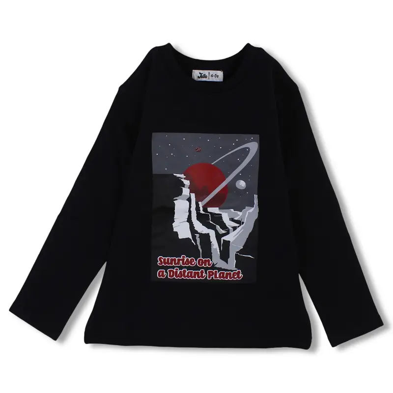 Boys Cotton T-Shirt  Black with Sunrise on a Distant Planet Print