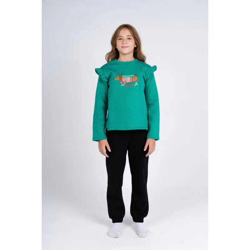 Girls Cooton Pajama Set  Green/Black with "Dachshund Through The Snow" Design