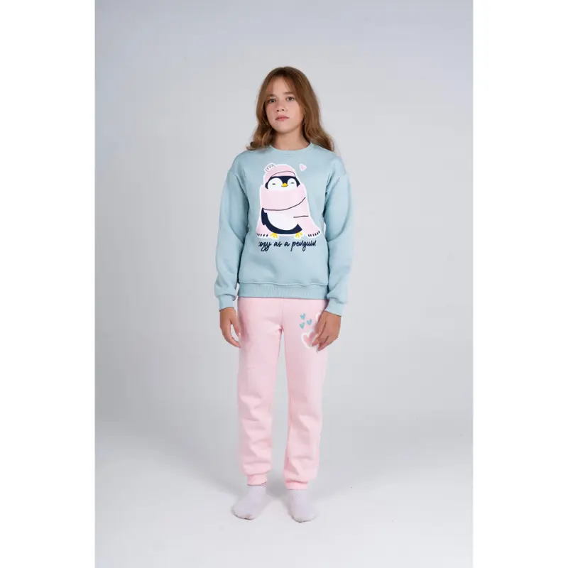 Girls Cooton Pajama Set   Mint/Pink with "Penguin" Design