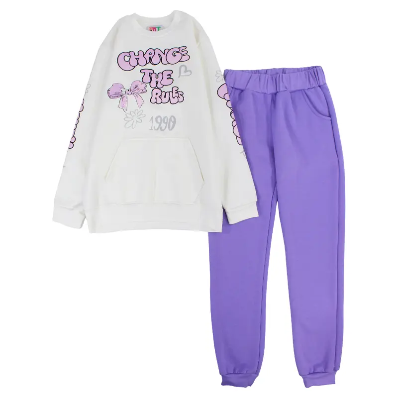 Girls Cotton Pajama Set  Off-White/Purple with "Change the Rules" Design