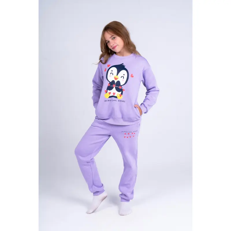 Girls Cotton Pajama Set  Purple with Penguin Print