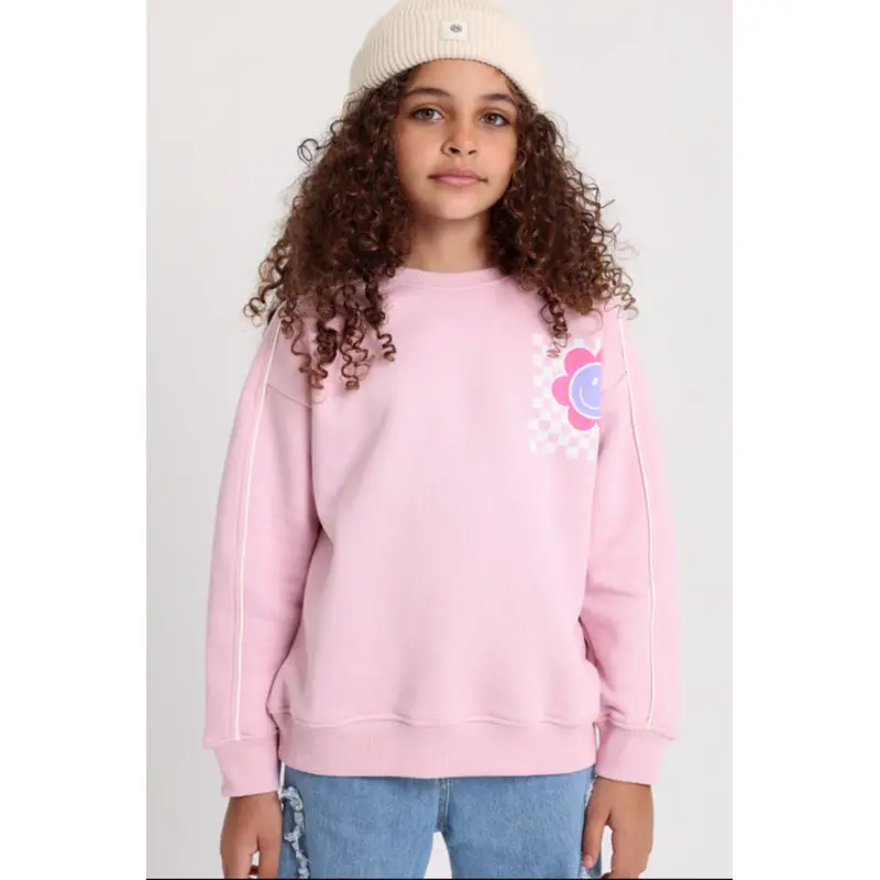 Girls Cotton Sweatshirt  Pink with Smiley Flowers