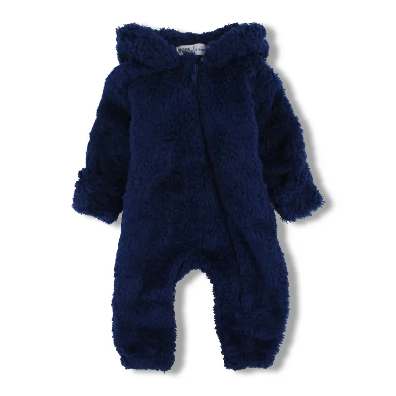 Unisex Baby Fleece Hooded Baby Onesie  Navy with Teddy Design