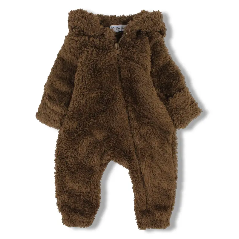 Unisex Baby Fleeced Hooded Baby Onesie  Coffee with Teddy Design