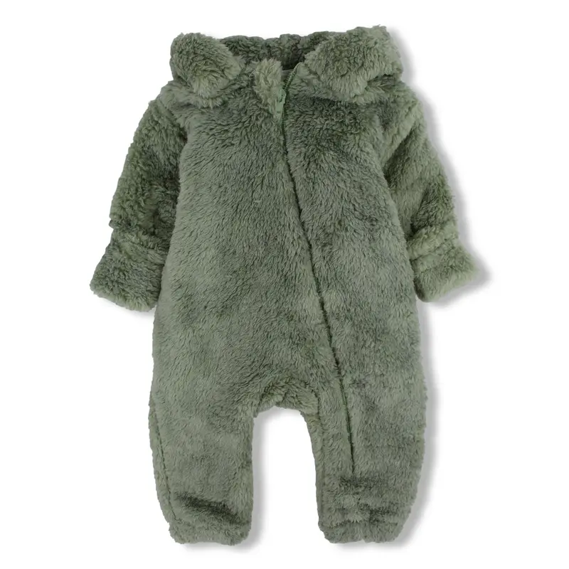 Unisex Baby Fleeced Hooded Baby Onesie  Mint with Teddy Design
