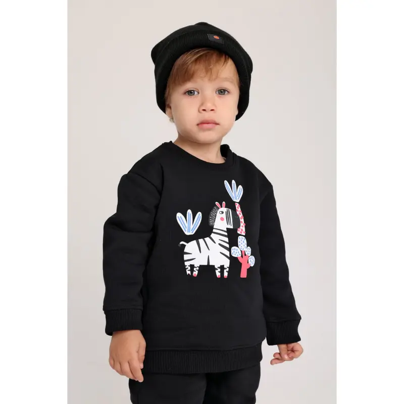 Unisex Cotton Sweatshirt  Black with Zebra Print