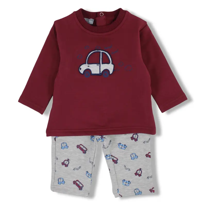 Baby Boys Cotton 2-Piece Outfit Set  Maroon/Grey with Car Design