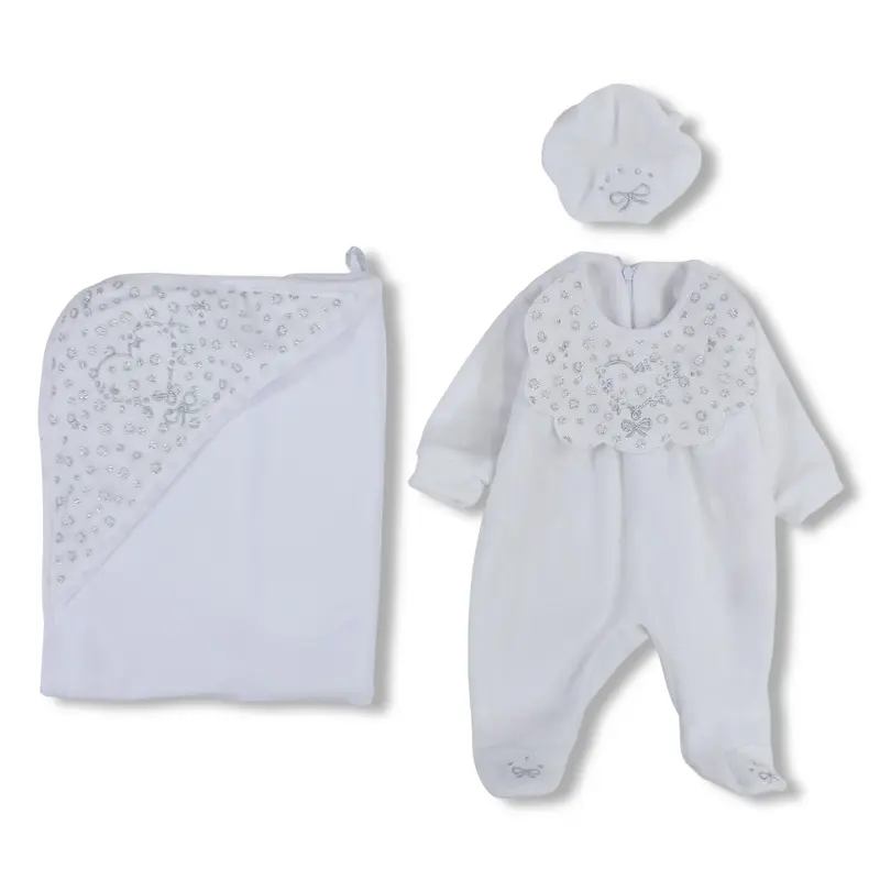 Baby Girls Baby Footie with a Beanie & Baby Blanket   White with Heart Design