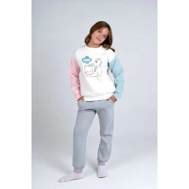 Girls Cotton Pajama Set  Offwhite/Gray with Cat Print