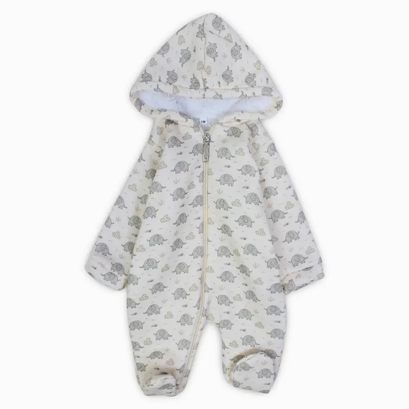 Baby Boys Cotton Hooded Baby Footie  Off-White with Elephants Print