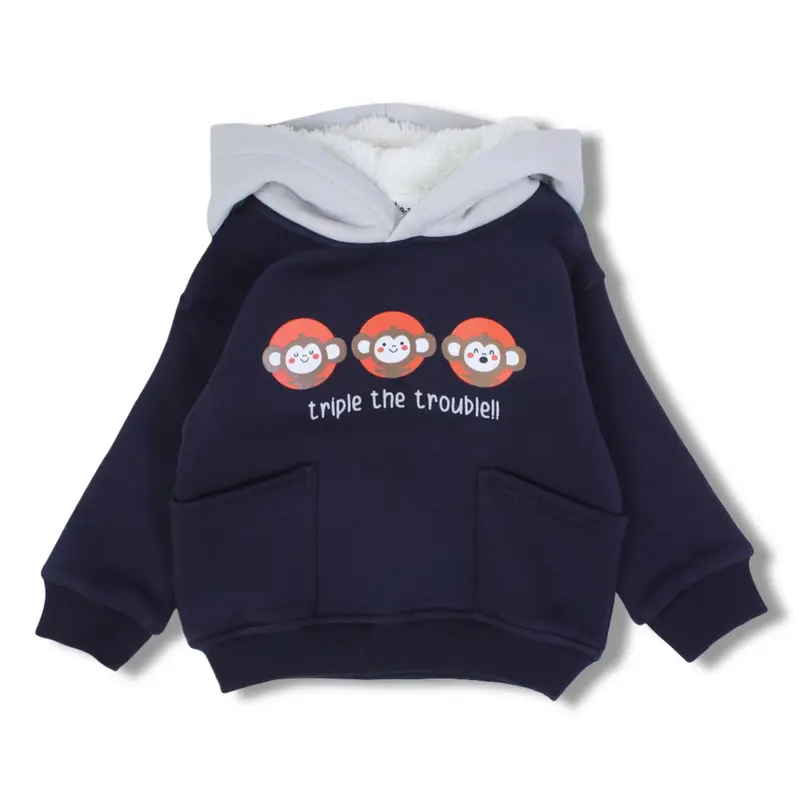 Baby Boys Cotton Hoodie  Navy with Triple Monkey Print